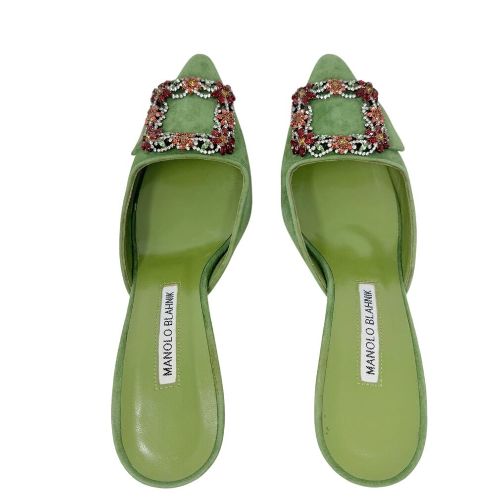 Rare Manolo Blahnik Maysale Jewel Green Suede Multicolor Crystal Mule Heels 38 - Picture 6 of 10